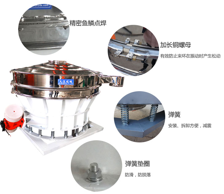 1500直排篩細節展示:彈簧,彈簧墊圈,加長銅螺母。