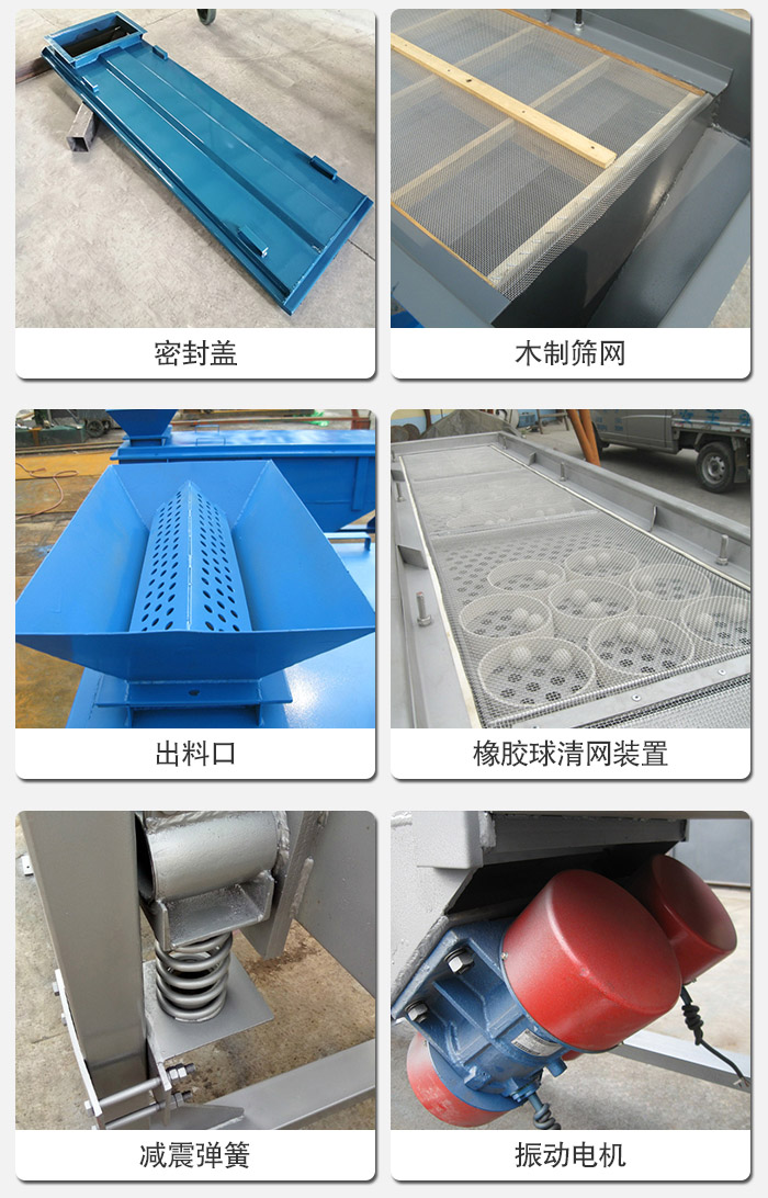 直線篩分機(jī)的結(jié)構(gòu)展示圖:篩箱是物料主要篩分設(shè)備之一,篩網(wǎng)用于篩分物料,振動(dòng)電機(jī)幫助篩網(wǎng)篩分。