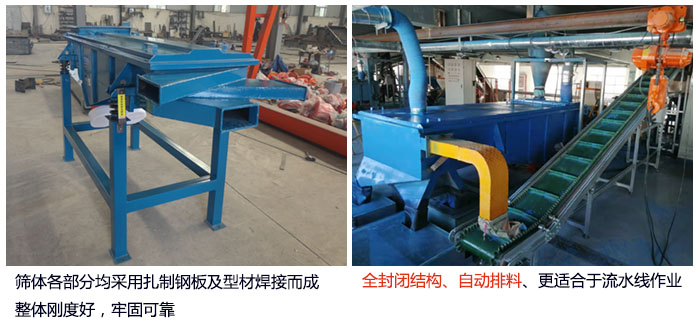 直線篩分機(jī)篩體各部分均采用扎制鋼板及型材焊接而成整體剛度好,牢固可靠;全封閉結(jié)構(gòu)、自動(dòng)排料、更適合于流水線作業(yè)。