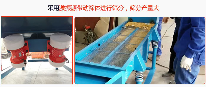 采用激振源帶動篩體進(jìn)行篩分，篩分產(chǎn)量大。