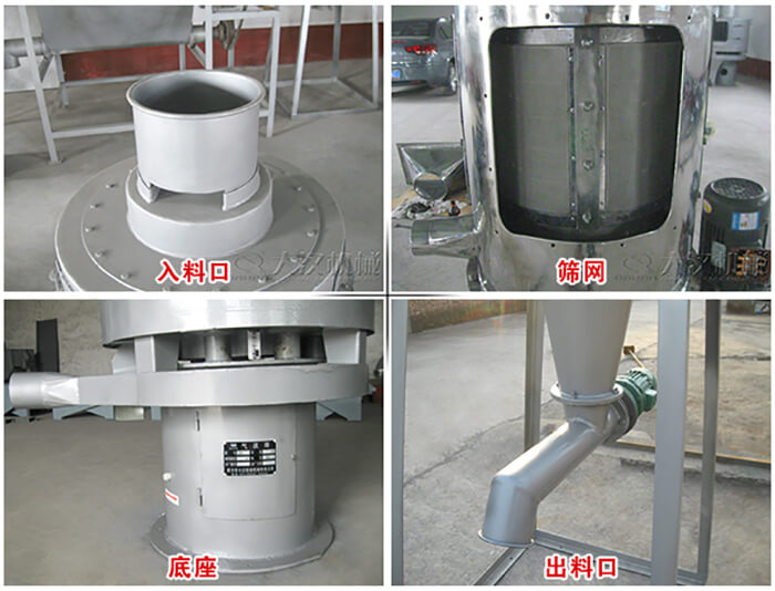 氣流篩部件展示：入料口，篩網，底座，出料口等。