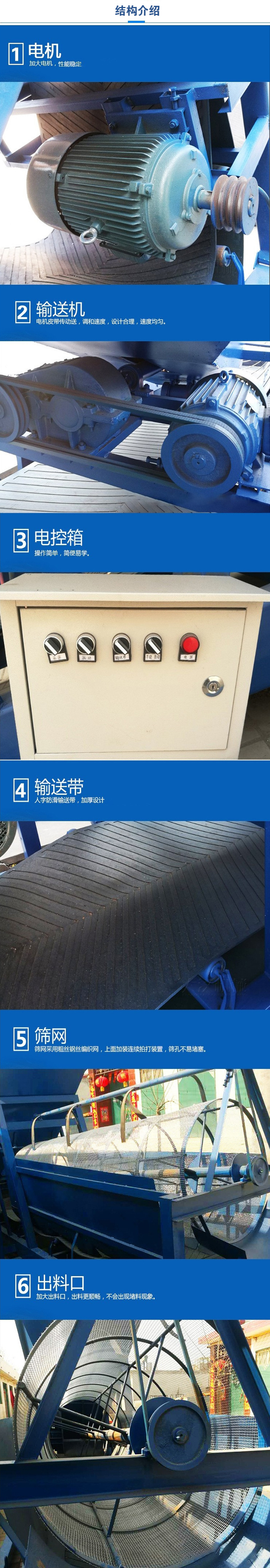 移動篩沙機結構:電機，加大電機，性能相對比較穩定。輸送機：電機皮帶傳動送，調和速度，設計合理，速度均勻。電控箱：操作簡單，簡便易學。輸送帶：人字防滑輸送帶，加厚設計。篩網，采用粗絲鋼絲編織而成的篩網，上面加裝連續拍打裝置，篩孔不易堵塞。出料口：加大出料口，出料更順暢，不會出現堵料現象。