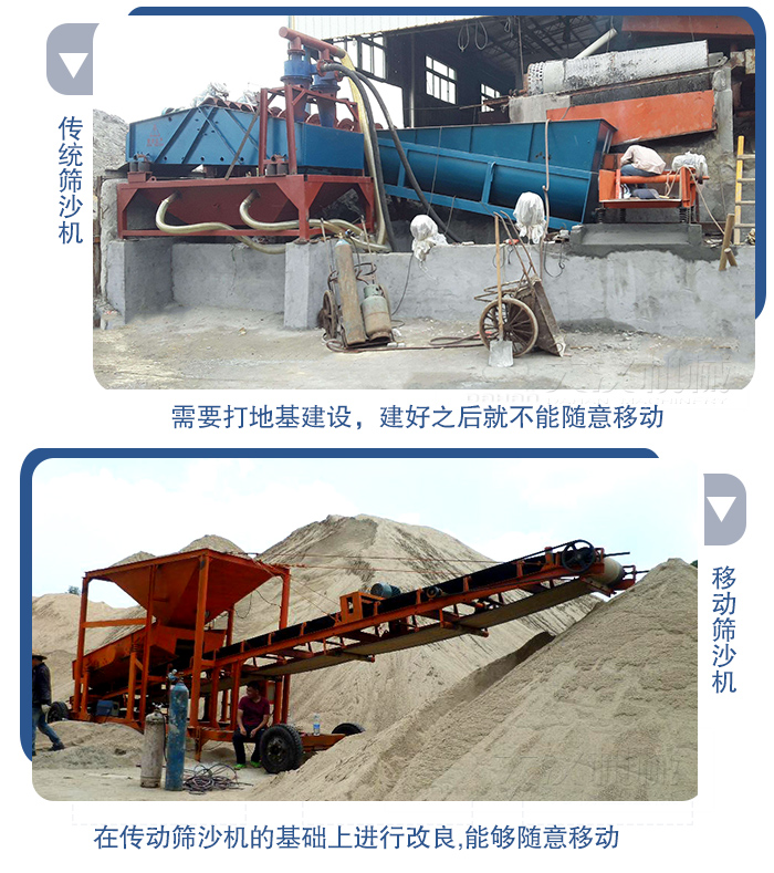 移動的篩沙機在安裝前需要打地基，而固定完畢后就不能隨意的移動，而移動篩沙機不需要打地并且隨時能夠進行移動。