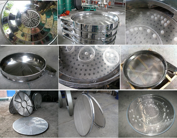 食品振動篩細節展示：防塵蓋，篩框，網架，底框等。